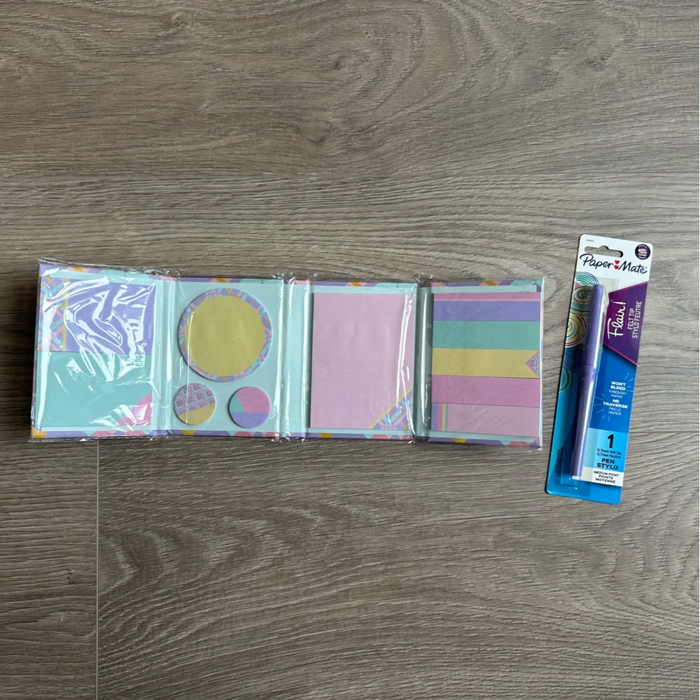 🆕 Pastel Stationary Set - Cute Sticky Notes & Purple Felt Tip Pen